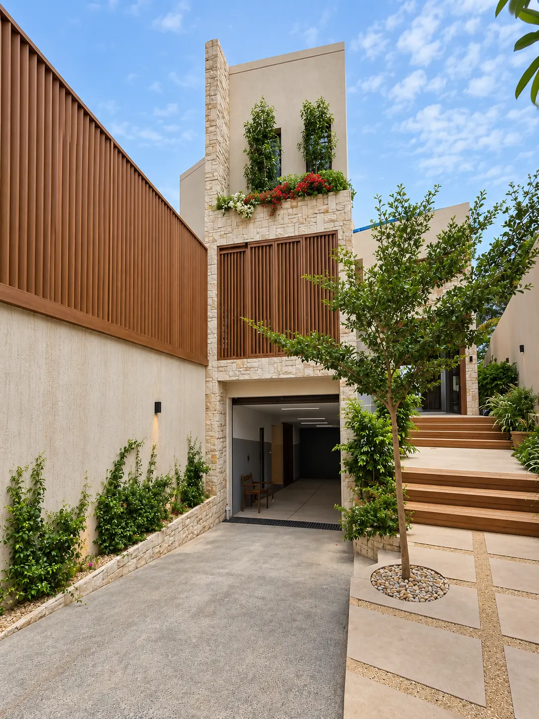Accès extérieur de la Villa Hoballah à Saly avec habillages Minimal finition bois